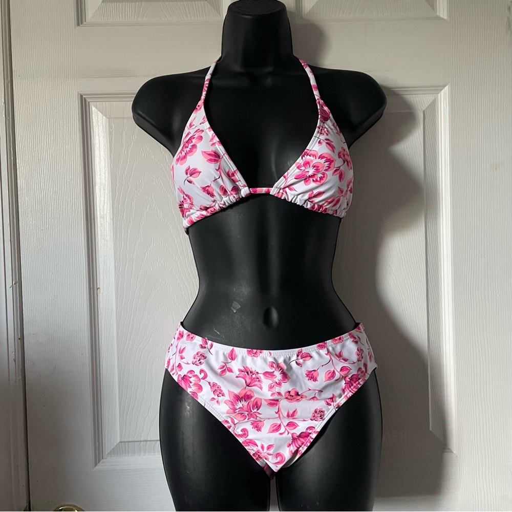 Pink Floral Halter Triangle Bikini Set - Women Swim